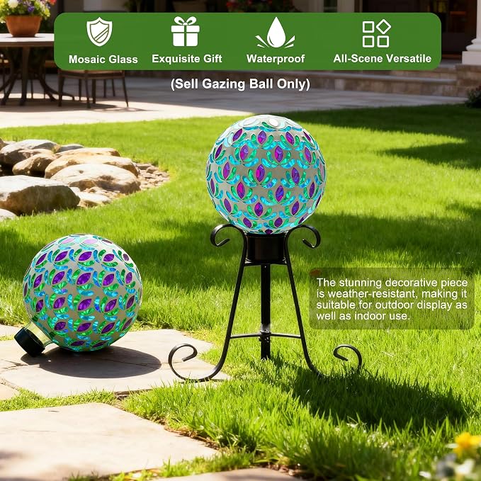 SAVENNA Mosaic Garden Gazing Ball 10 Inch, Glass Decorative Sphere for Indoor & Outdoor Garden, Patio, Home & Yard, Blue & Green Lotus Pattern