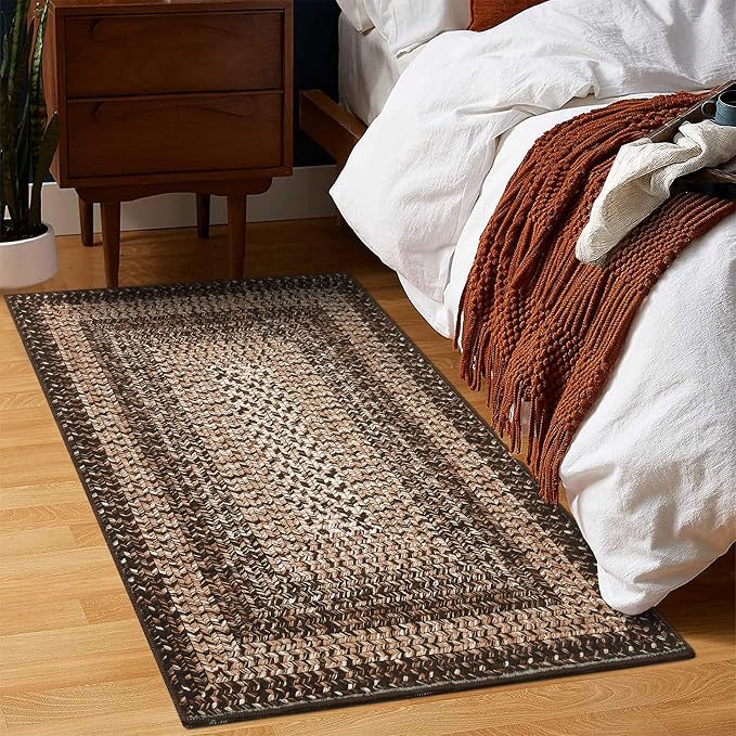 RUGSREAL Entryway Rug 2x3 Small Bedroom Washable Rus with Rubber Backing | Living Room Non Slip Bathroom Mat Stain Resistant Braided Print Carpet for Dining Room Kitchen Hallway, Brown