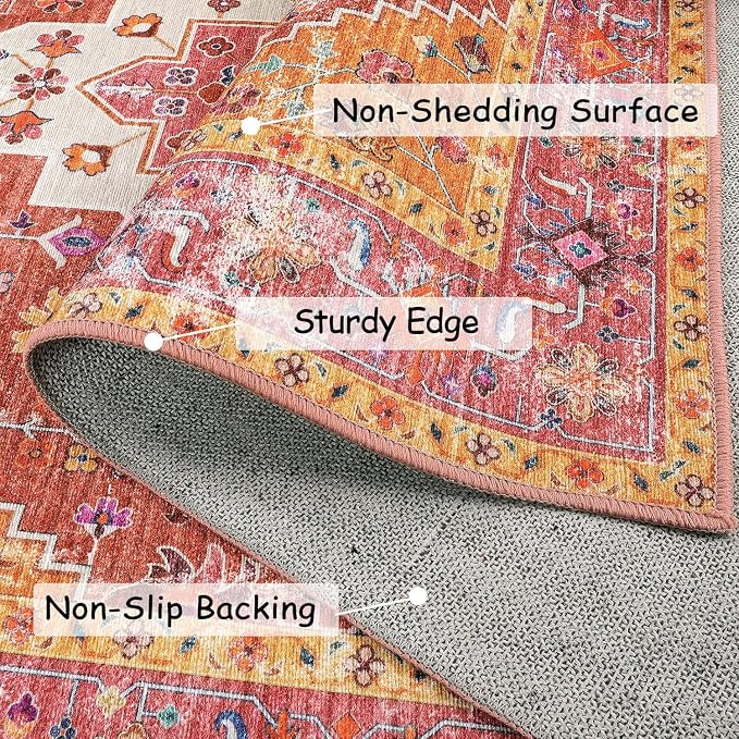 Moynesa Ultra-Thin Pink Area Rug - 8x10 Bedroom Living Room Rug Non-Slip Non-Shedding Nursery Mat, Indoor Oriental Medallion Floor Carpet for Dining Room Entryway Playroom
