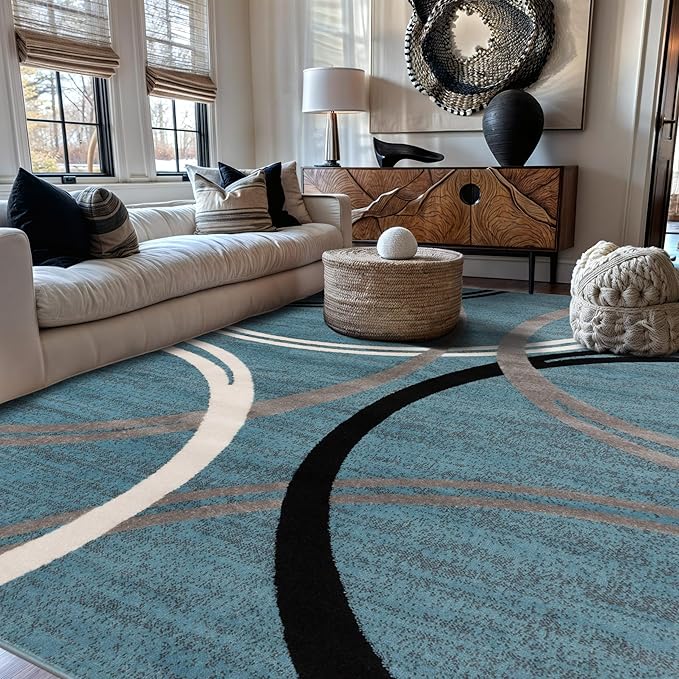 Rugshop Wavy Circles Modern Fade-Resistant Area Rug Blue 6'6" x 9' | Rectangular, Size 6'6" x 9', Living Room, Bedroom, Dining Room, Home Office, Kitchen, Entryway, Hallway, Nursery, Kids Room