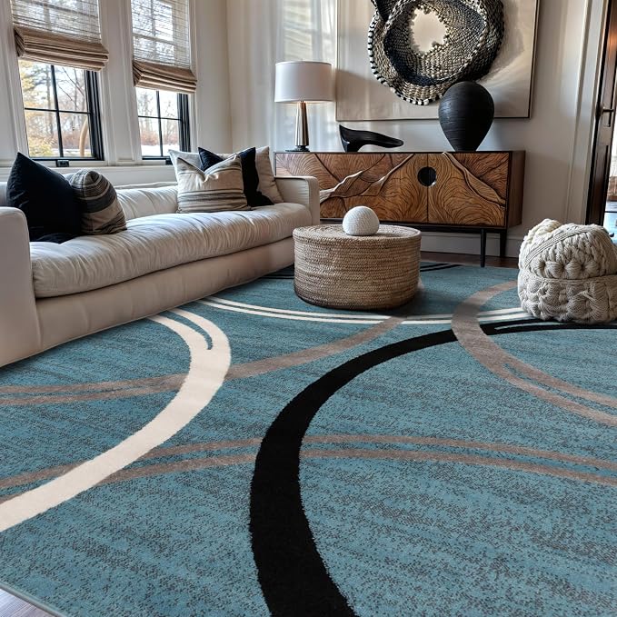 Rugshop Wavy Circles Modern Non-Shedding Area Rug Blue 7'10" x 10'2" | Rectangular, Size 7'10" x 10'2", Living Room, Bedroom, Dining Room, Home Office, Kitchen, Entryway, Hallway, Nursery, Bedside