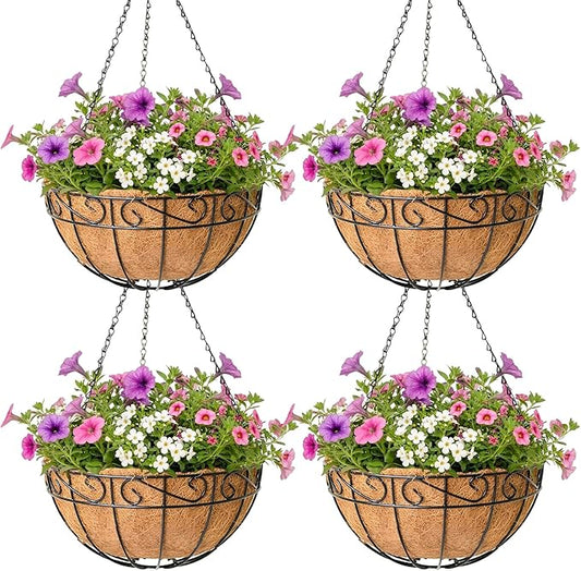 4 Pack Hanging Planter for Outdoor Plants 12 inch Metal Hanging Flower Basket with Coco Coir Liner Round Wire Plant Holder Chain Flower Pots Outdoor Garden Decoration Watering Hanging Baskets（HB）