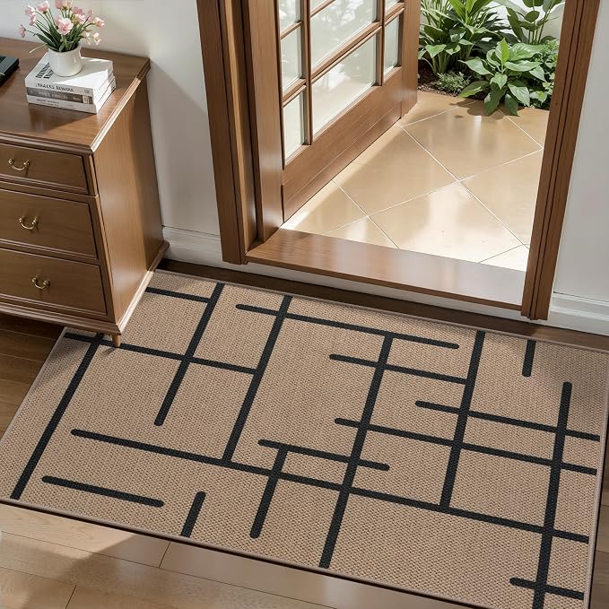 Tangsoo Modern Easy Jute Rug 2x4 Small Rugs for Entryway,Washable Thin Stripe Outdoor Door Mat,Non-Slip Indoor Floor Carpet Farmhouse Small Throw Mat for Kitchen Hallway Bedroom Front Porch