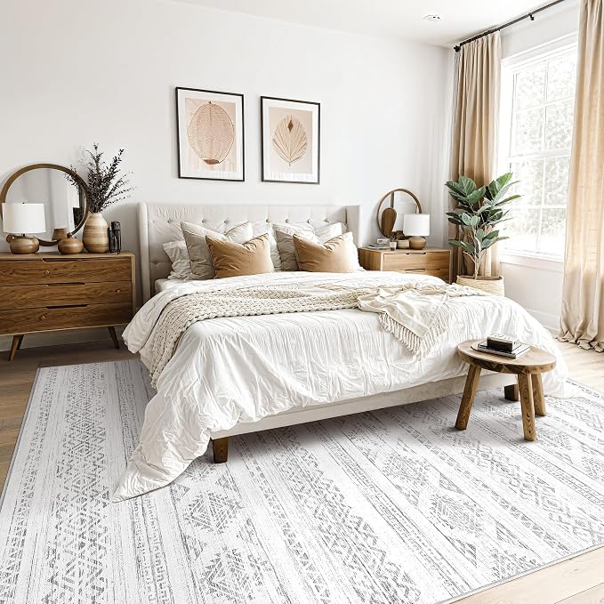 Tortania Area Rug Living Room Rugs - 10x14 Washable Large Soft Neutral Boho Moroccan Bohemian Farmhouse Rug Indoor Floor Carpet for Bedroom Under Dining Table Home Office Decor - Ivory Gray