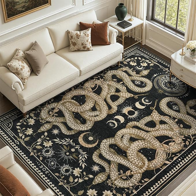 DCX 6x9 Washable Snake Rug for Living Room, Non Slip Low Pile Rug, Black | Rugs for living rooms, bedroom, dining room, office, soft, gothic rug, sain resistant indoor carpet, home decor
