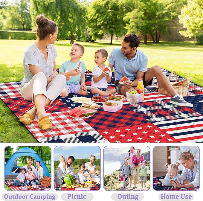 Poedist Extra Large Patriotic Picnic Blanket Waterproof,80"x 80"Foldable Machine Washable Beach Blanket,Outdoor Blanket for 6-8 Adults,Suitable for Indoor Crawling,Park,Camping,Hiking,Family Travel