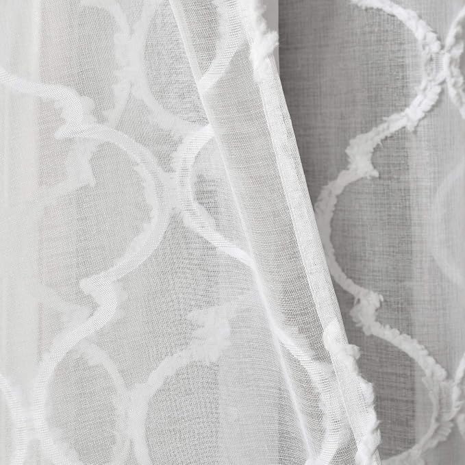 Lush Decor Avon Trellis Grommet Sheer Window Curtain Panels Pair 38" W x 95" L White - Sheer Curtains for Living Room - Modern Farmhouse Bedroom Curtains