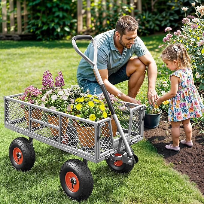 Heavy Duty Garden Cart, 900 lb Steel Wagon with All Terrain Tires | Removable Sides Become Flatbed, 180° Rotating Handle,for Yard, Garden, Hauling