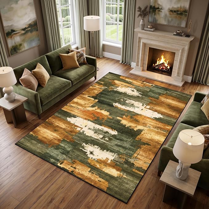 5x7 Green & Brown Abstract Brushstroke Area Rug for Living Room | Soft Low-Pile Machine-Washable Rug with Non-Slip Backing for Bedrooms, Dining Rooms and Home Offices, Designed for Daily Care