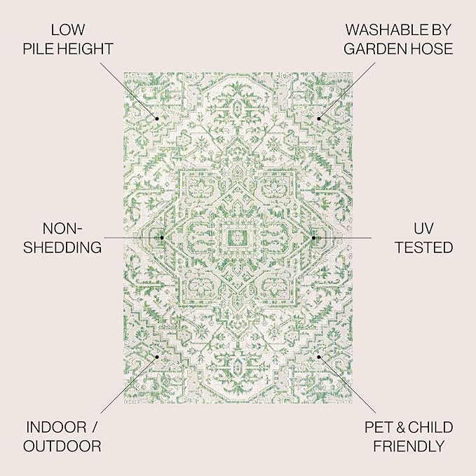 JONATHAN Y Boho Medallion Indoor Outdoor Area Rug 8X10 Green/Cream, Estrella Textured Weave for Backyard, Patio, Porch, Easy-Cleaning, High Traffic, Pet-Friendly, Non-Shedding (SMB105G-8)