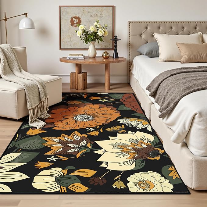 Tyrot Black Boho Floral 3x5 Washable Area Rug Flat Woven Ultra-Thin Low Pile Botanical Rugs Non Slip Indoor Rug for Bedroom, Entryway, Kitchen, Dorm, Kids Room, Nursery