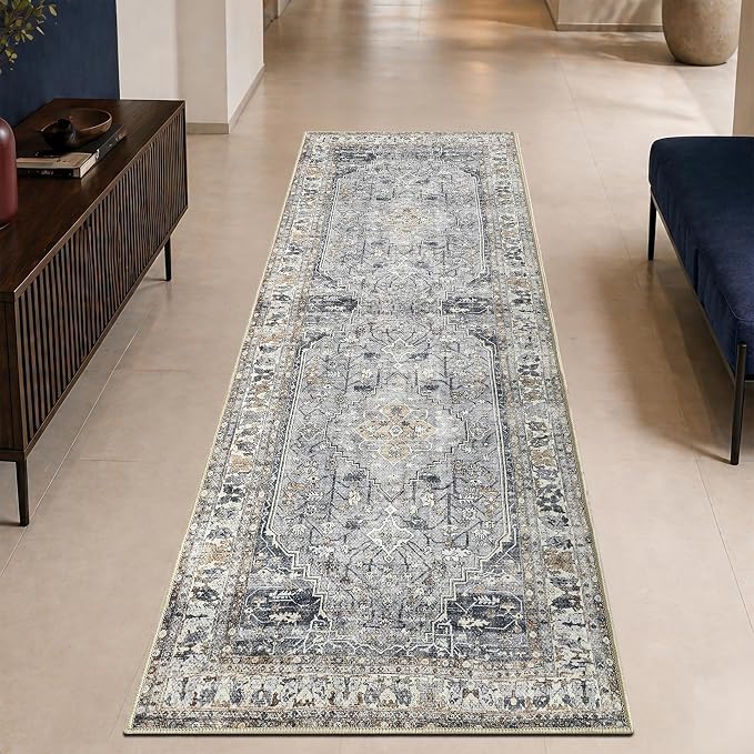 Keen Home Design Vintage Washable Runner Rug, Non-Slip Low Pile, 2x12 | Machine Washable Cotton Chenille, 0.25In Low Pile, Rubber Non-Slip Back; Hallway, Kitchen, Dining Room, Entryway