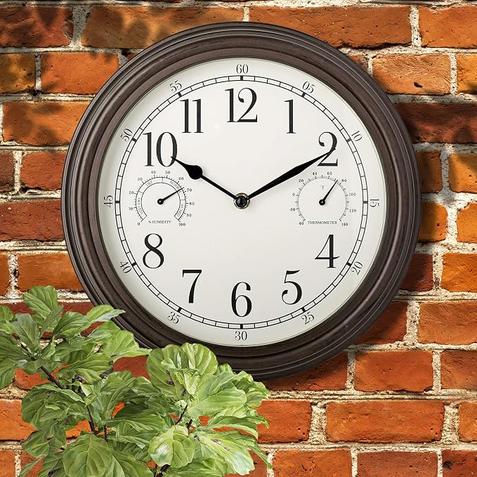 Westclox Indoor/Outdoor Wall Clock with Temperature & Humidity Gauges, Weather-Resistant, Quartz Accuracy, Battery-Powered (Bronze, 12-Inch)