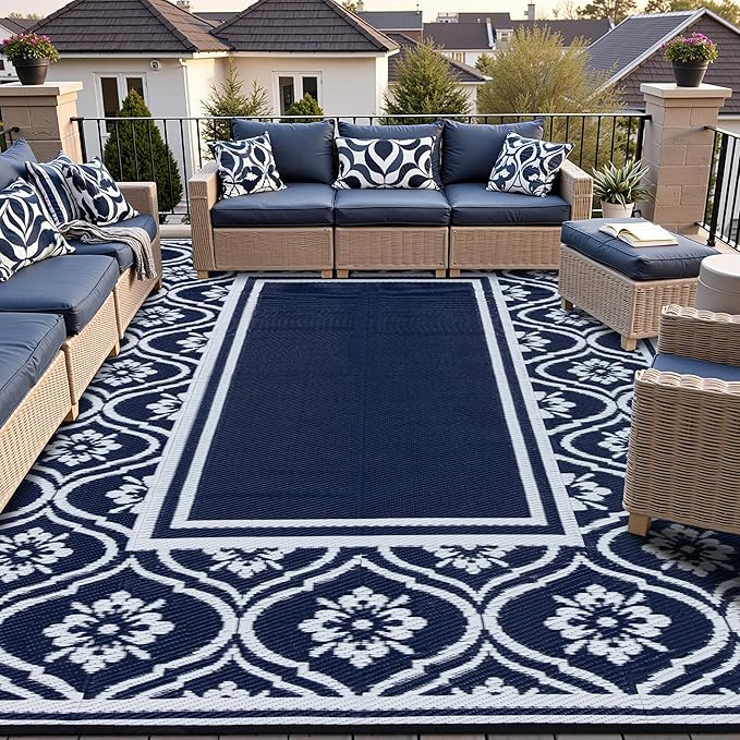 HUGEAR Patio Rug 10'x14' Waterproof Outside Area Rugs Reversible Blue Outdoor Plastic Straw Carpet for RV Deck Camping Entryance Porch Picnic Balcony Beach