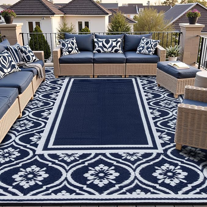 HUGEAR RV Outdoor Rug Waterproof Mat 9'x12' Camping Carpet Blue Outside Area Rugs Reversible Rugs for Deck Entryance Porch Picnic Balcony Beach