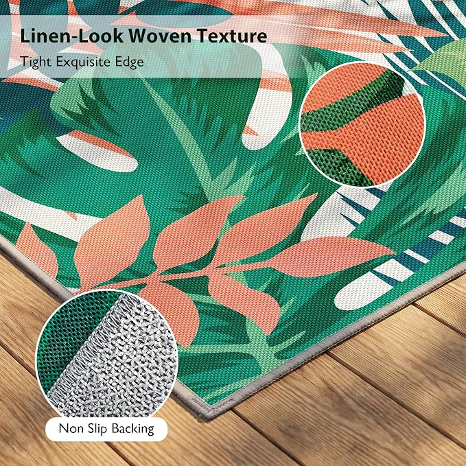 Arenarug 6x9 Monstera Tropical Outdoor Rug – Waterproof Non-Slip Machine Washable Patio Rug, UV & Stain Resistant Outdoor Carpet for Patio Deck Balcony Backyard, Teal