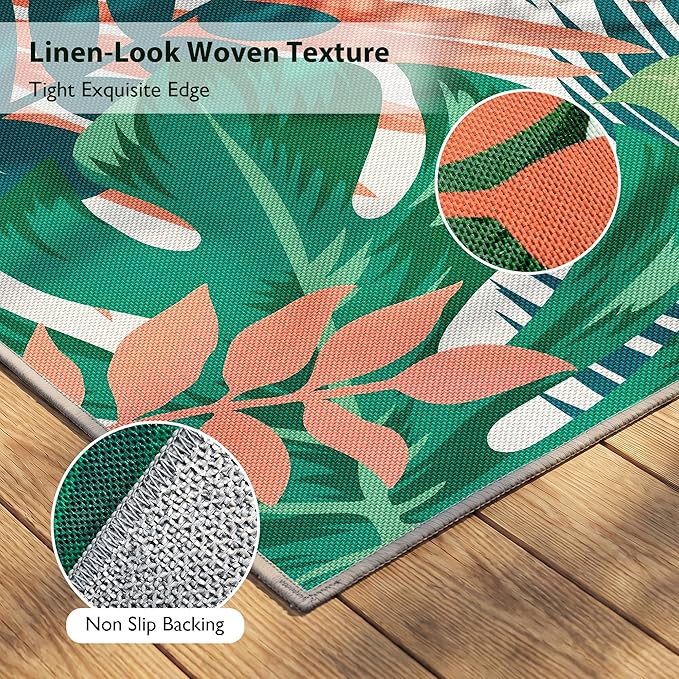Arenarug 9x12 Monstera Tropical Outdoor Rug – Waterproof Non-Slip Machine Washable Patio Rug, UV & Stain Resistant Outdoor Carpet for Patio Deck Balcony Backyard, Teal