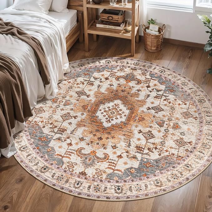 Tangsoo Washable Round Rug 4ft, Oriental Non Slip Small Circle Rug Turmeric | Vintage Soft Low Pile Round Area Rug Carpet, Boho Circular Rugs for Living Room Bedroom Entryway Dorm Office Home Decor