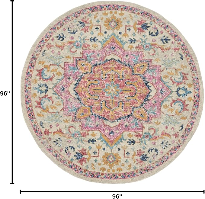 Nourison Home Passion Ivory Pink 8' x Round Area Rug - Easy Clean, Non Shedding, Bed Room, Living Room, Dining Room, Kitchen (8' x Round)