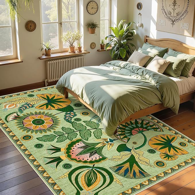 Joydeco Egypt Floral Washable Sage Green Living Room Bedroom Area Rug 6x9 | Boho Botanical Colorful Vintage Aesthetic Non Slip Flower Indoor Throw Carpet for Dining Room Office Guest Room Playroom Dorm