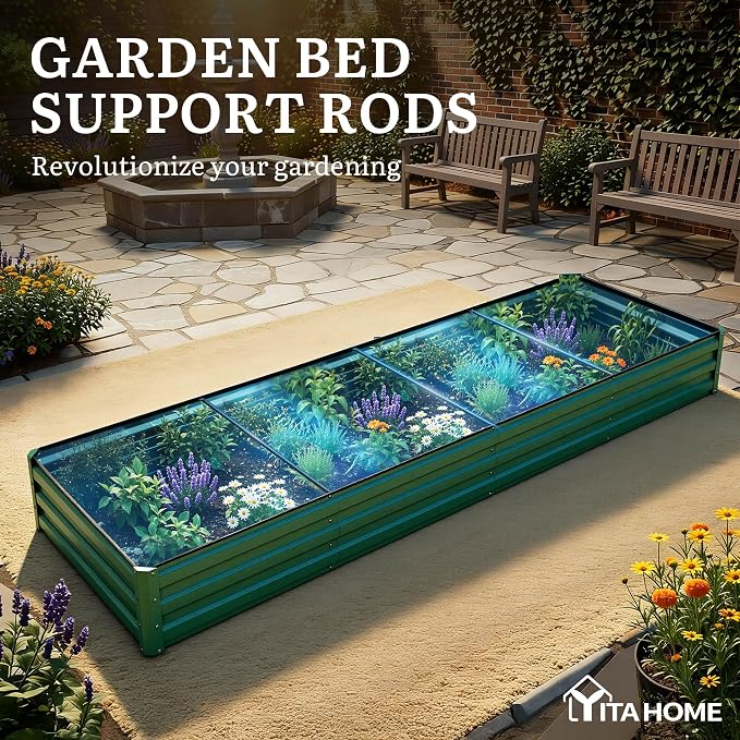 YITAHOME 12x4x1ft Galvanized Raised Garden Bed, Metal Planter Box with Safety Rubber, Gloves, Outdoor Flower Bed for Planting Plants Vegetables, Green