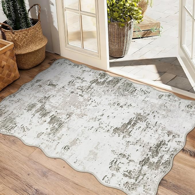 ROYHOME Modern Scalloped Abstract 2x3 Area Rug Non Slip, Taupe | Non Shedding Low Pile Stain Resistant Rug for Entryway Kitchen Bedroom