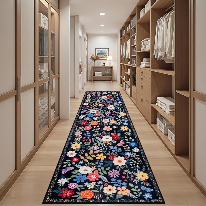 PLHXFR 3x10 Washable Runner Rug：Floral Indoor Kitchen Soft Carpet Black | For Hallway Bedroom Kitchen Laundry Bathroom Dorm,Vintage Floral,Machine washable,Non Slip,Stain Resistant,Indoor Floor
