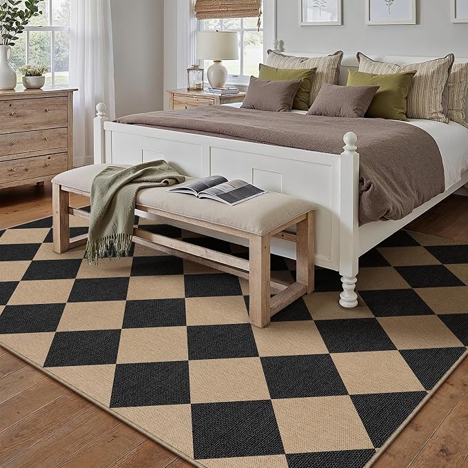 PureCozy 5x8 Checkered Easy Jute Area Rug for Living Room Checkerboard Washable Indoor Outdoor Carpet Farmhouse Patio Office Mat Geometric Non Slip Black Carpet for Backyard Dining Room