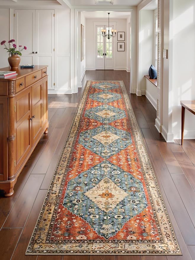 SERISSA 2'6"x14' Washable Non Slip Boho Runner Rug for Hallway | Ultra Soft Vintage Oriental Carpet Low-Pile Tribal Floor Carpet for Kitchen Bedroom Entryway Bathroom Laundry Room