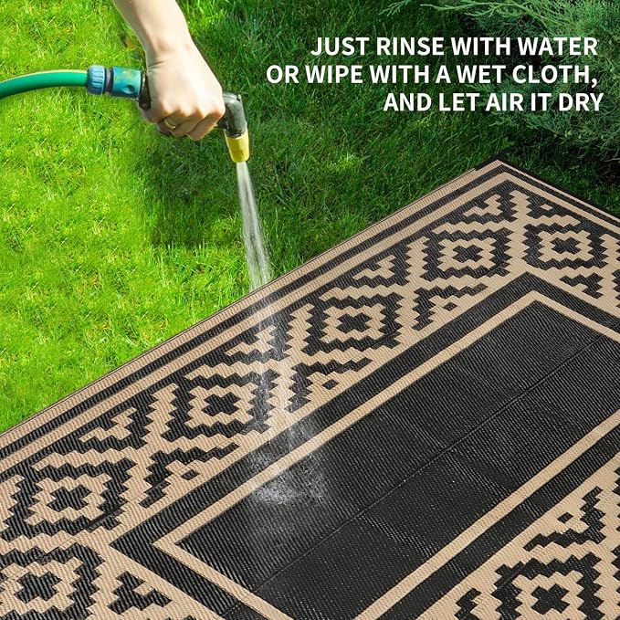 Outdoor Patio Plastic Straw Rug - 4x6 ft Outdoor Camping Rug Waterproof Reversible, Area Carpet Patios RV, Outside Porch Balcony Deck for Camper, Stripe Black Brown