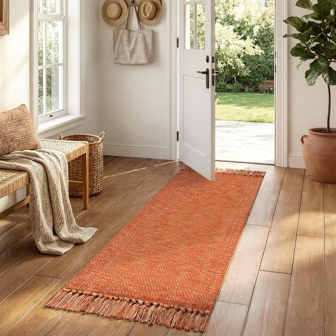 Fall Bathroom Rug 2' x 5', Terracotta Washable Kitchen Runner Rugs | Hand-Woven Entryway Rugs Runners for Hallway, Modern Farmhouse Laundry Carpet, Indoor Front Door Mat for Bedroom, Fall Decor