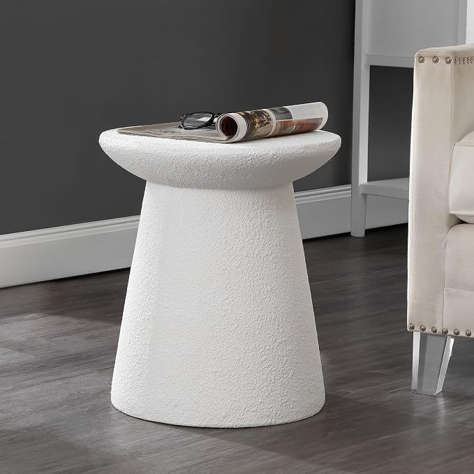 JONATHAN Y Hollie 18" White Frosted Polyresin Outdoor Side Table and Stool, All-Weather Textured Round Pedestal Accent Table for Patio, Garden, Modern Minimalist TBL1108A
