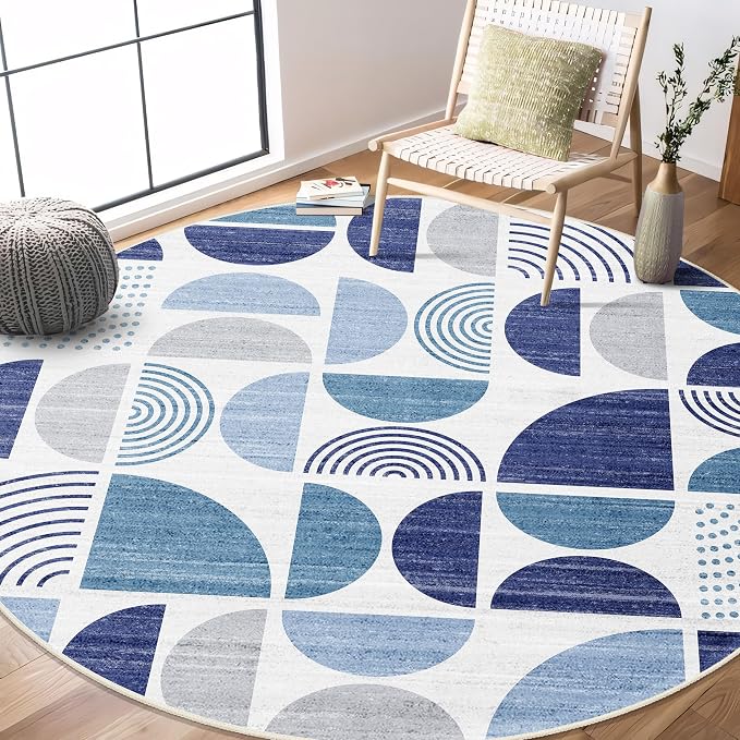 Round Rugs 6ft,Circle Area Rug Washable Non Slip Modern Abstract | Large Circular Rugs for Living Room Dining Room Boho Throw Carpet Soft Low Pile Floor Indoor Bohemian Navy Blue