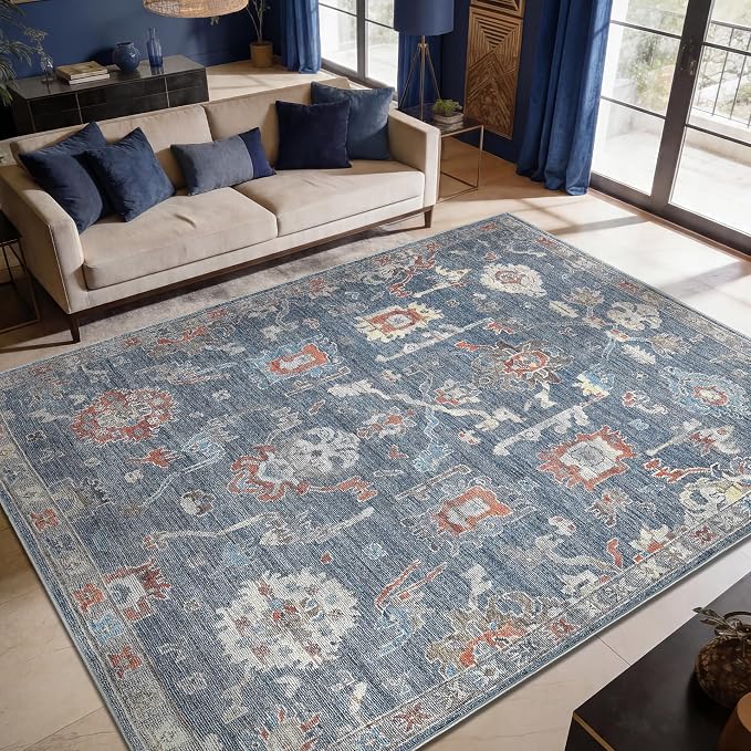 Keen Home Design Vintage Washable Area Rug, Non-Slip Low Pile, 8x10 | Machine Washable Cotton Chenille, 0.25In Low Pile, Rubber Non-Slip Back; Living Room, Bedroom, Dining Room, Office