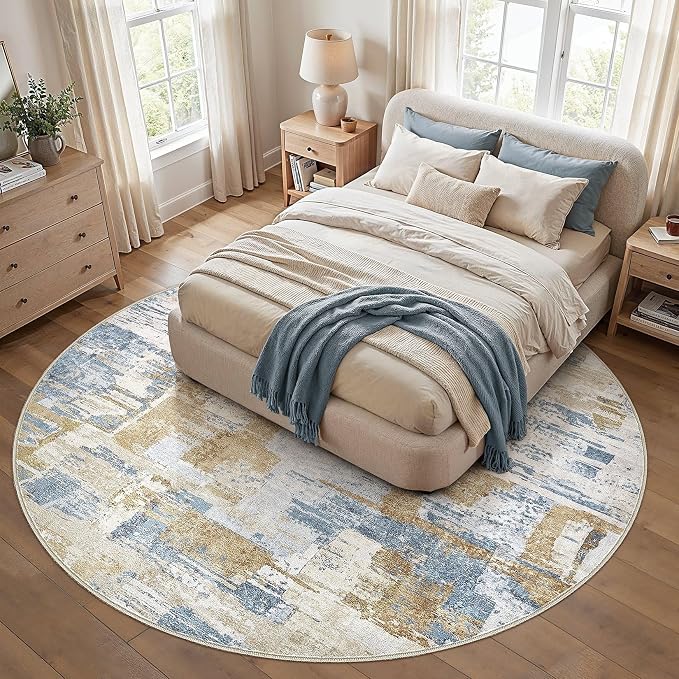kakania Abstract 10x10 Round Rugs for Living Room: Circle Rugs 10FT Blue | Washable, Soft, Non-Slip, Low-Pile, Pet & Kid Friendly - Large Modern Home Decor Carpet for Bedroom/Dining Room/Nursery