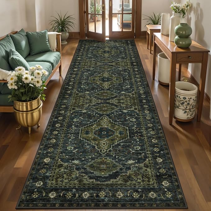Tangsoo 3x8 Washable Runner Rug for Hallways, Green Non Slip Runner Rug | Oriental Soft Low Pile Long Rug Runner, VIntage Print Carpet Runners for Kitchen Bedroom Entryway Living Room Dark Green