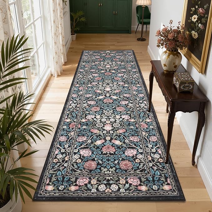 GarveeHome Blue Floral 2.5x8 Runner Rug for Kitchen Hallways | Washable Entryway Bedroom Bathroom Dorm Rug Vintage Boho Rugs Low-Pile Non-Slip Stain Resistant TPE Backing