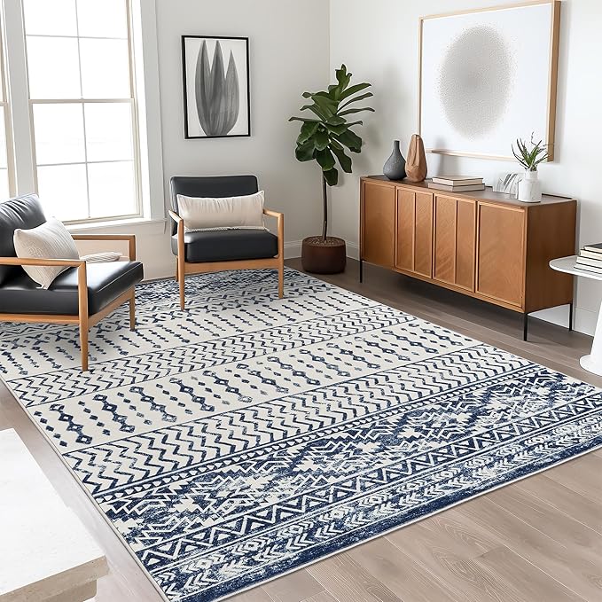 Art&Tuft 5x7 Area Rugs Non Slip, Thin Washable Rugs for Living Room, Blue | Low Pile, Soft & Lighweight, Folable, Stain Resistant Indoor Moroccan Carpet for Bedroom, Kitchen, Dining Room, Home Office