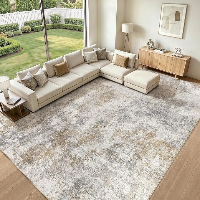 12x15 Area Rug Washable Abstract Rugs for Living Room Light Brown/Grey | for Bedroom, Dining Room, Office, Nursery, Soft Neutral, Low Pile Non-Slip, Kid Pet Friendly, Large Indoor Carpet, Home Decor