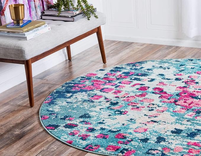 Unique Loom Jardin Collection Colorful, Vibrant, Abstract, Modern Area Rug (8' 0 x 8' 0 Round, Blue/ Pink)