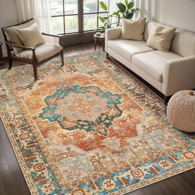 Tangsoo 5x7 Washable Area Rugs for Living Room, Vintage Indoor Non Slip Rug | Oriental Large Print Distressed Carpet, Farmhouse Soft Low Pile Foldable Floor Rugs for Bedroom Dining Room Orange Home Decor