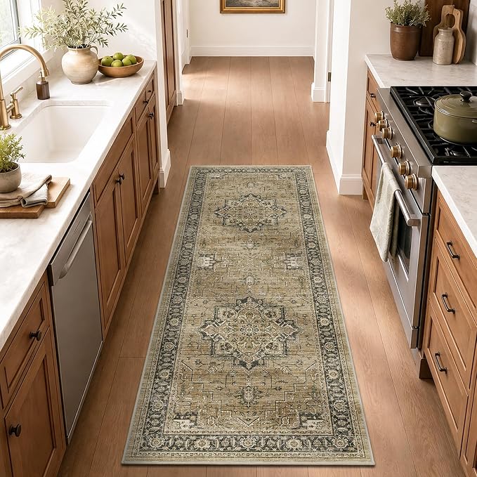 2x6 Vintage Runner Rug Low Pile Non-Slip Washable Hallway Rug | Retro Distressed Print Rug Non-Shedding Soft Brown Carpet Stain Resistant Runner for Hallway Kitchen Bedroom Laundry Room
