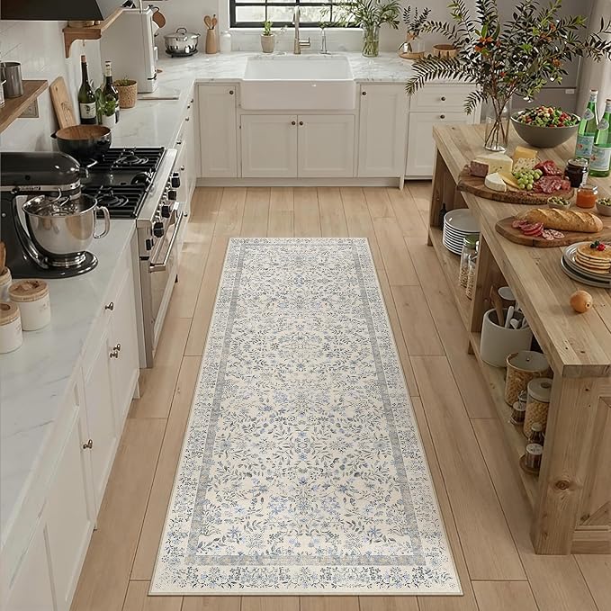 2x5 Blue Floral Runner Rug Vintage Farmhouse Style | Washable, Non Slip, Soft Low Pile, Hallway Carpet for Kitchen, Entryway, Laundry Room, Botanical Decor