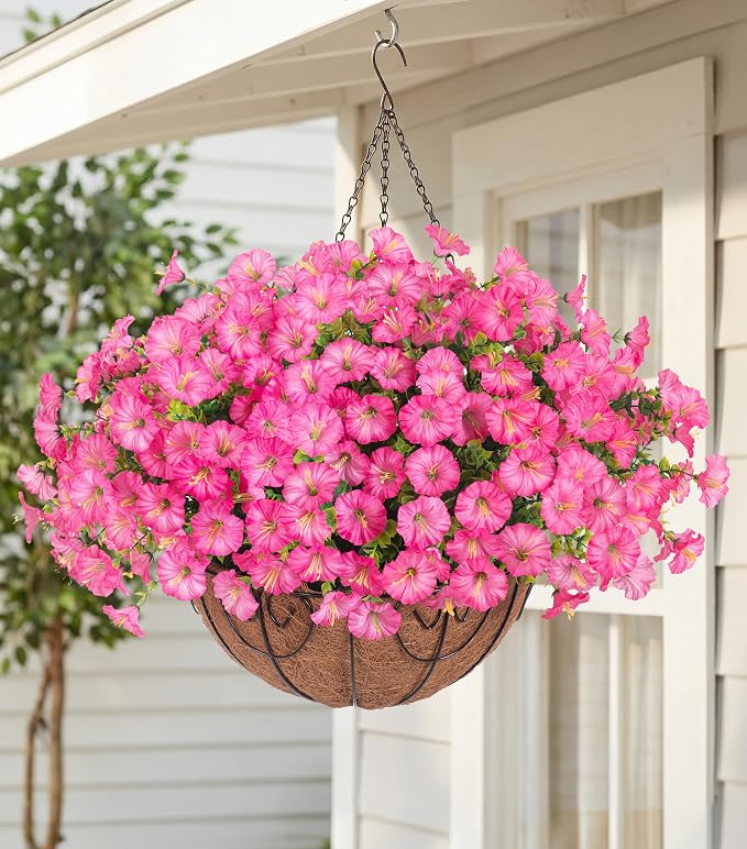 Artificial Faux Hanging Flowers Plants Baskets for Outdoors, Fake Silk Morning Glory Eucalyptus in Planter UV Resistant Realistic Outdoor Flowers for Outside Porch Patio Balcony Garden Yard Home Decor