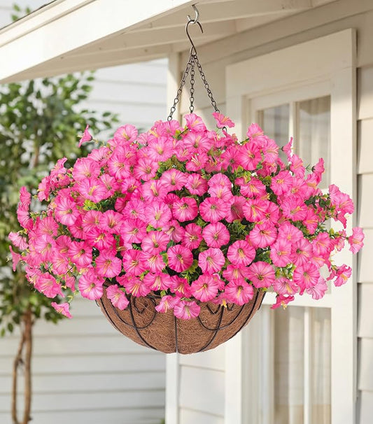 Artificial Faux Hanging Flowers Plants Baskets for Outdoors, Fake Silk Morning Glory Eucalyptus in Planter UV Resistant Realistic Outdoor Flowers for Outside Porch Patio Balcony Garden Yard Home Decor