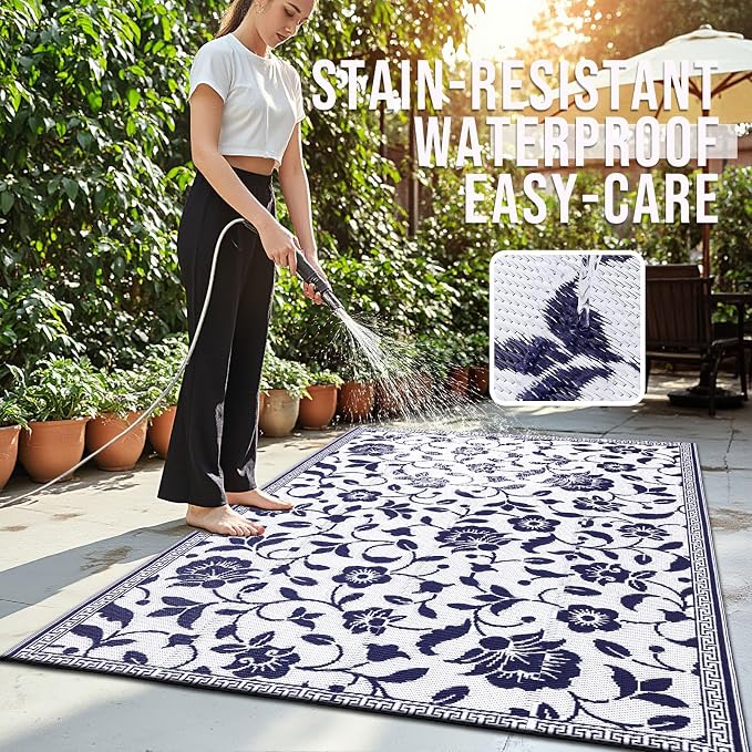 OLANLY Waterproof Outdoor Rug 4x6 ft, Outdoor Plastic Straw Rug with Flower Pattern, Reversible RV Mat for Patio, Camping, Balcony, Deck, Backyard, Navy & White