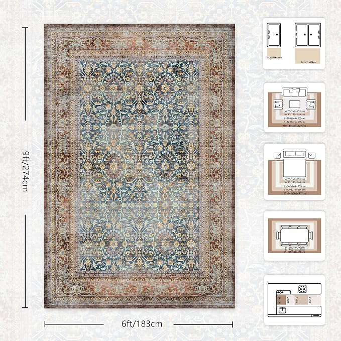 6x9 Area Rugs - Washable Vintage Retro Living Room Rug, Soft Ultra Thin Non Slip Low Pile Distressed Boho Traditional Carpet for Bedroom Dining Room Nursery Home Office, Rust Clay