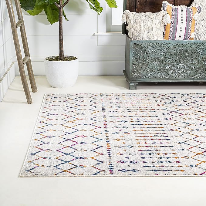 JONATHAN Y Boho Vintage Diamond Cream/Multi Indoor Area Rug 5X8 ft, Moroccan Hype for Living Room, Bedroom, Kitchen, Office, Easy-Cleaning, High Traffic, Pet-Friendly, Non-Shedding (MOH101H-5)
