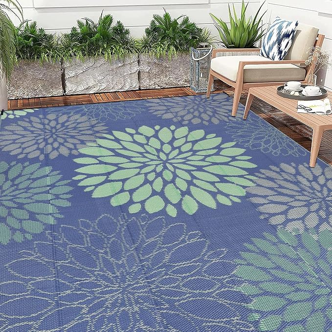 Ileading Waterproof Outdoor Rug 8x10, Reversible Plastic Straw Patio Rug, Portable Indoor Outdoor RV Camping Mat Carpet for Deck, Porch, Balcony, Backyard, Picnic, Floral Navy Blue