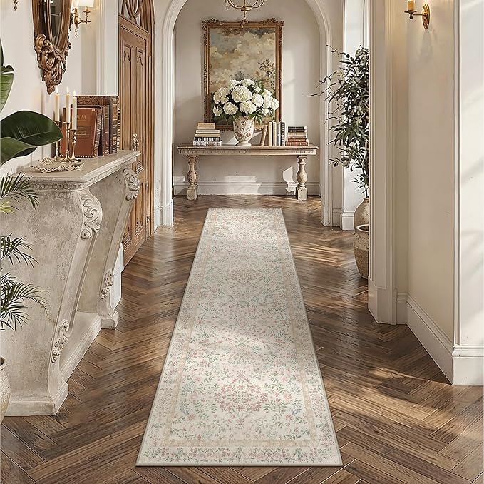 2.6x8 Pink Floral Runner Rug Vintage Farmhouse Style | Washable, Non Slip, Soft Low Pile, Long Hallway Carpet for Kitchen, Entryway, Laundry Room, Botanical Decor